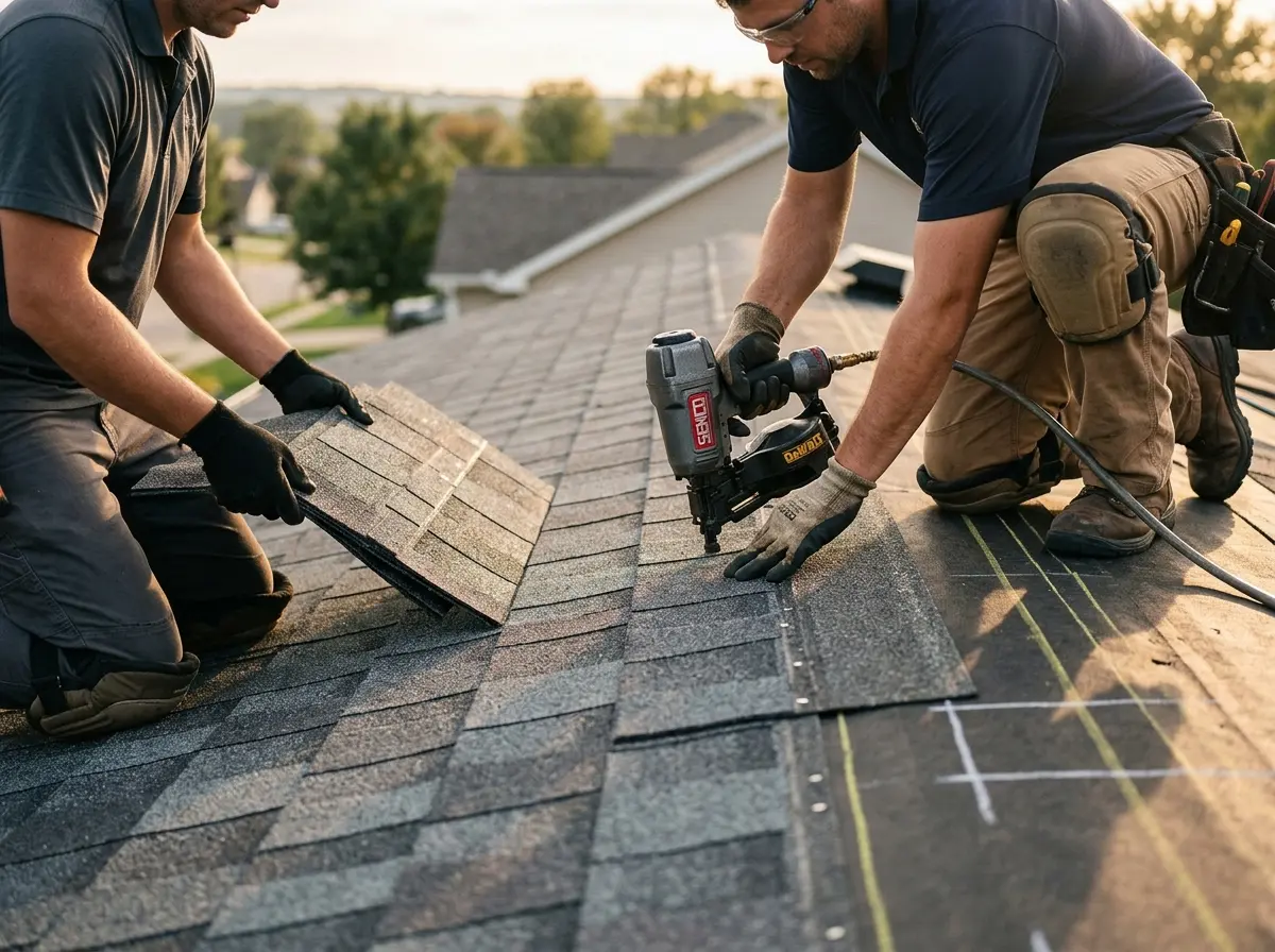 Professional roofer working on a residential roof in Longwood